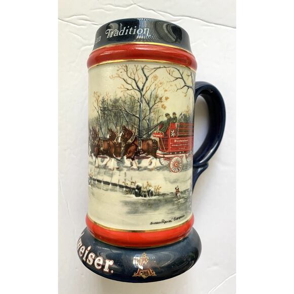 Vintage Anheuser-Busch Clydesdale Horses 1990 Budweiser Holiday Ceramic Stein - Picture 1 of 4